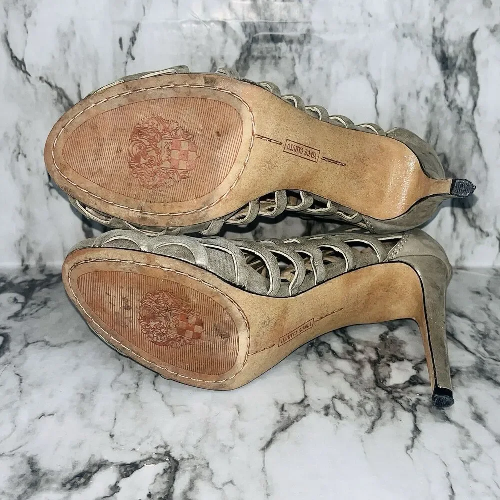 Vince Camuto Fontanela Caged Heels Size 7.5M Silver Metallic Shimmer Zip Back